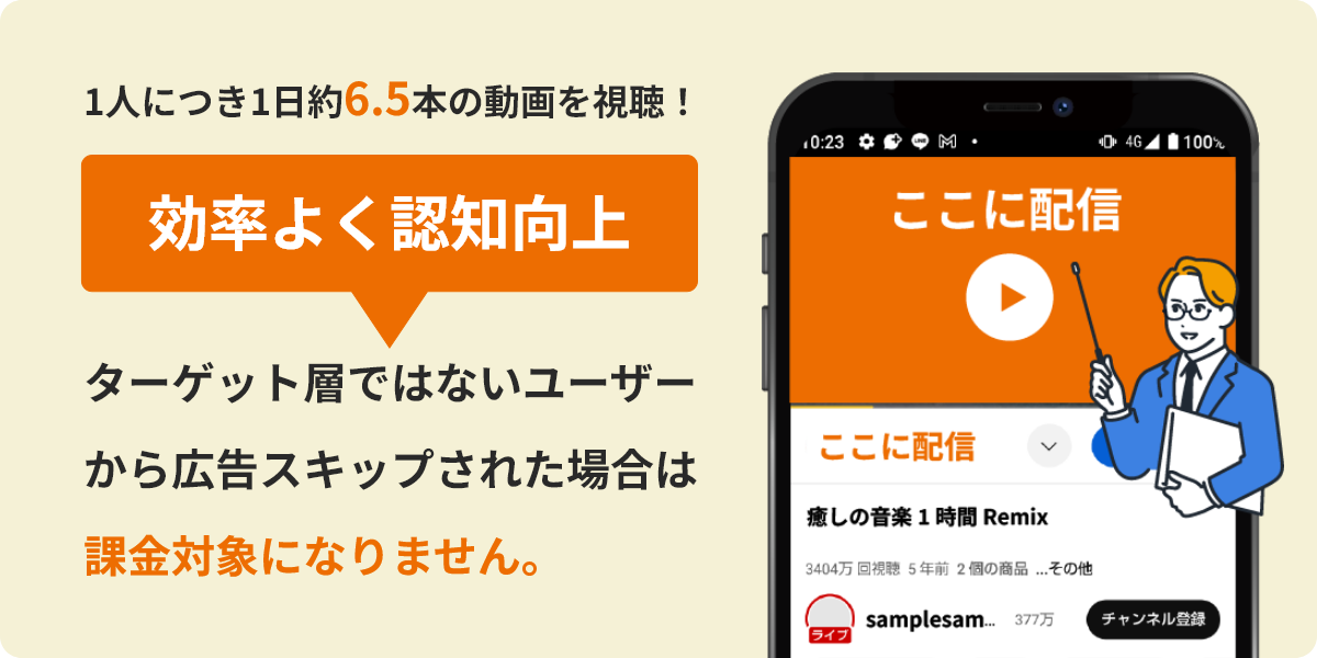 効率よく認知向上！ターゲット層ではないユーザーから広告スキップされた場合は課金対象になりません。